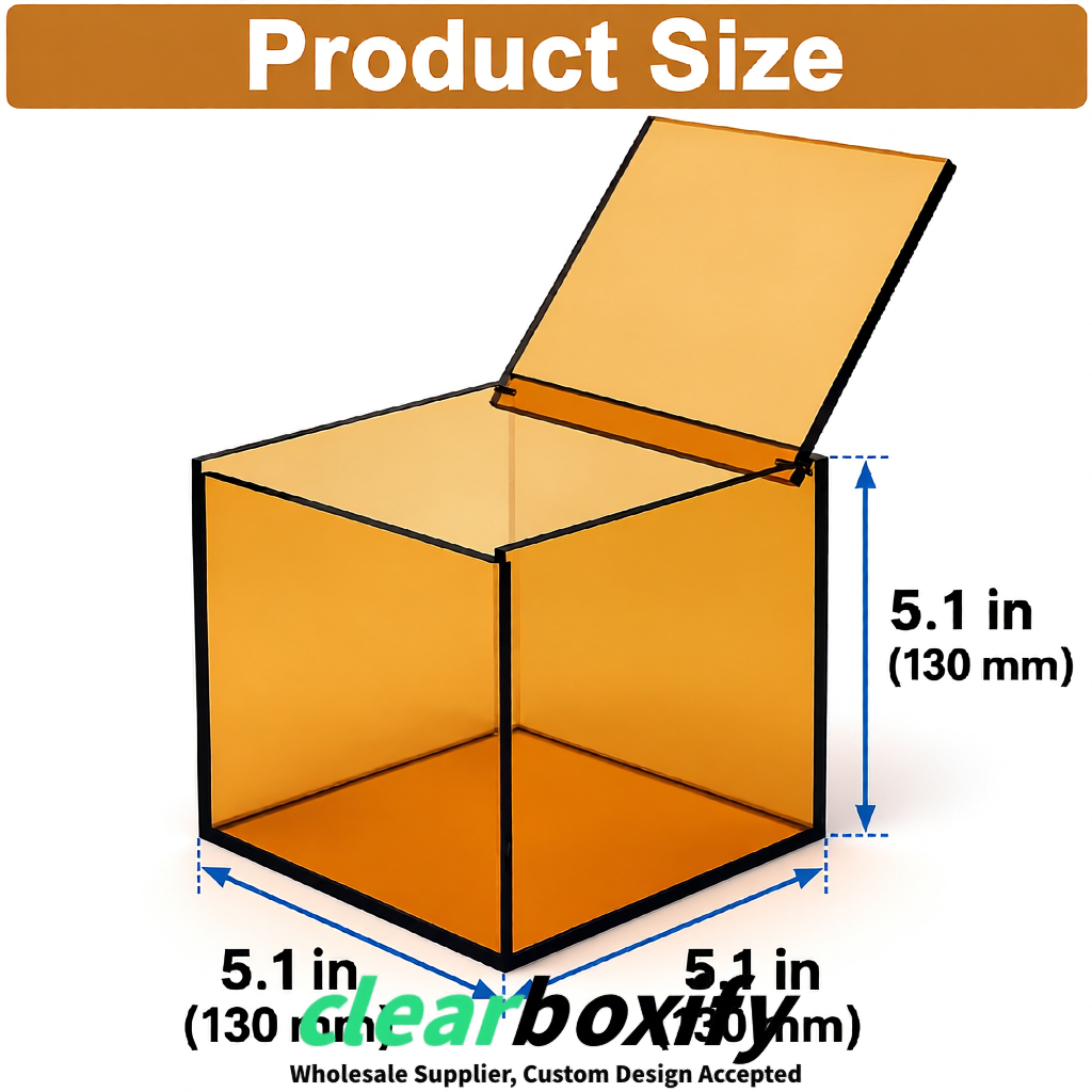 Amber Clear Acrylic Square Boxes With Lid 5x5x5 inch Anti Dust Durable Storage Box