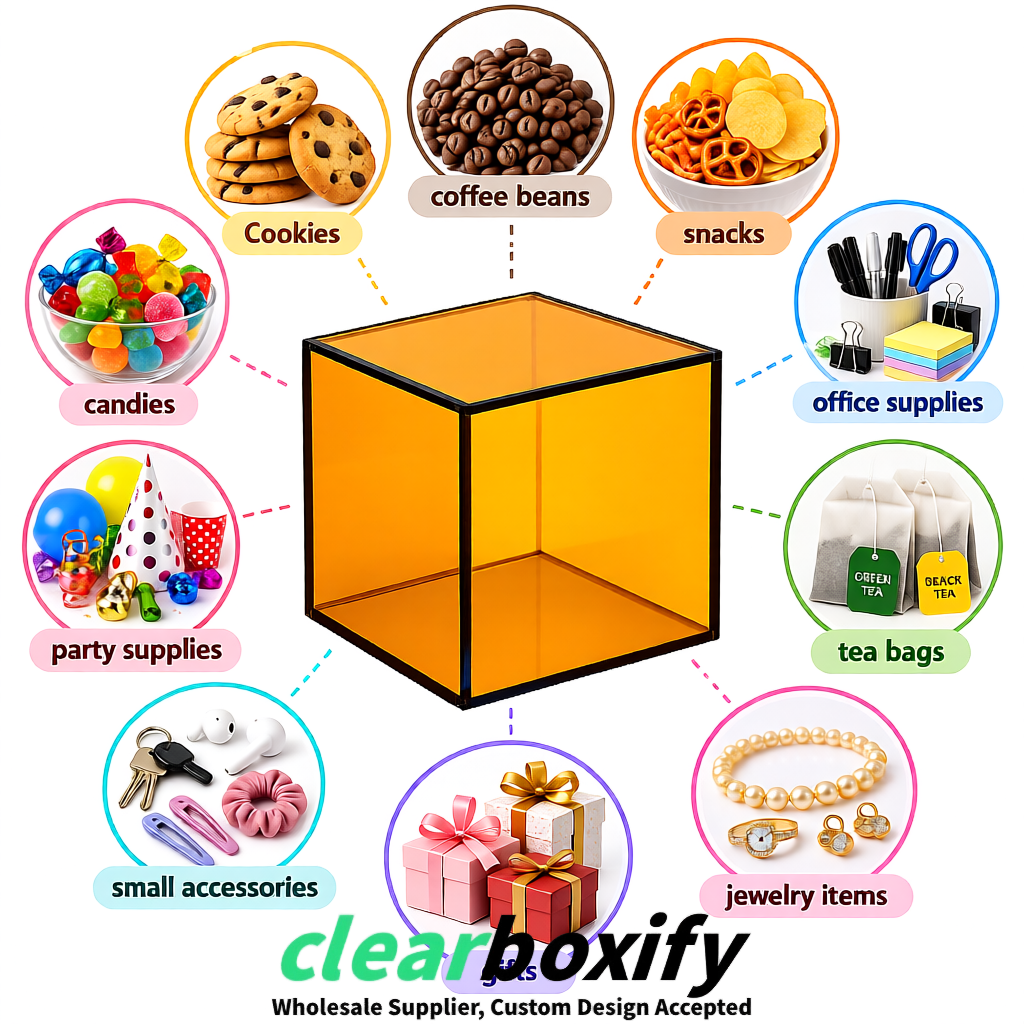 Amber Clear Acrylic Square Boxes With Lid 5x5x5 inch Anti Dust Durable Storage Box