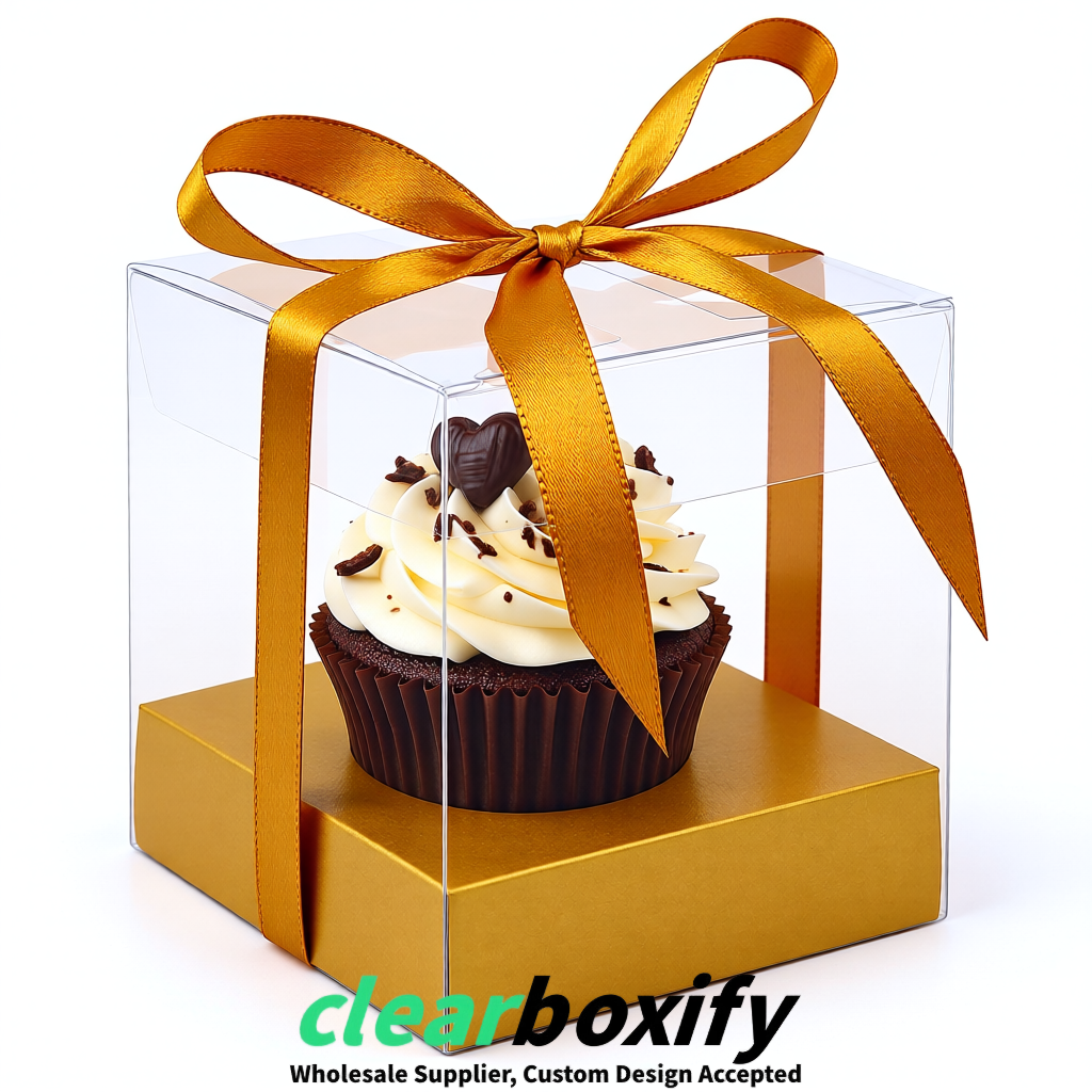 Clear Individual Cupcake Boxes with Amber Base Square 3.5 inch Plastic Cupcake Carrier with Ribbon