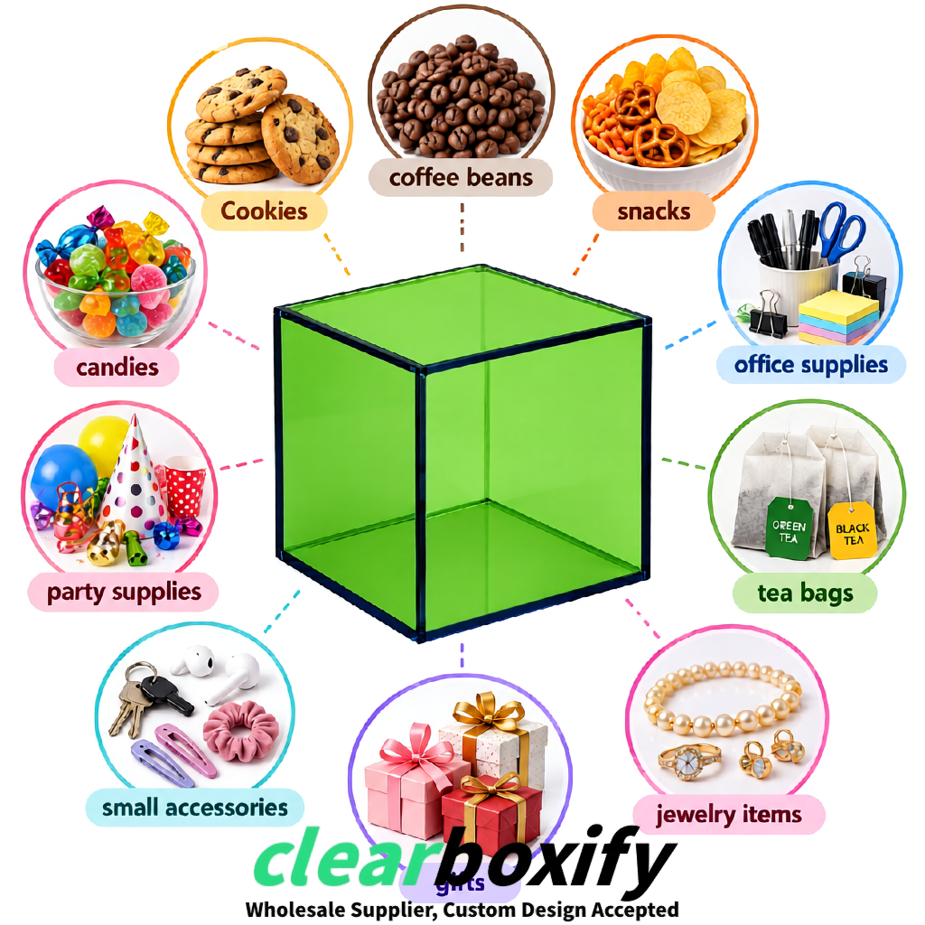 Avocado Green Clear Acrylic Square Boxes With Lid 5x5x5 inch Anti Dust Durable Storage Box