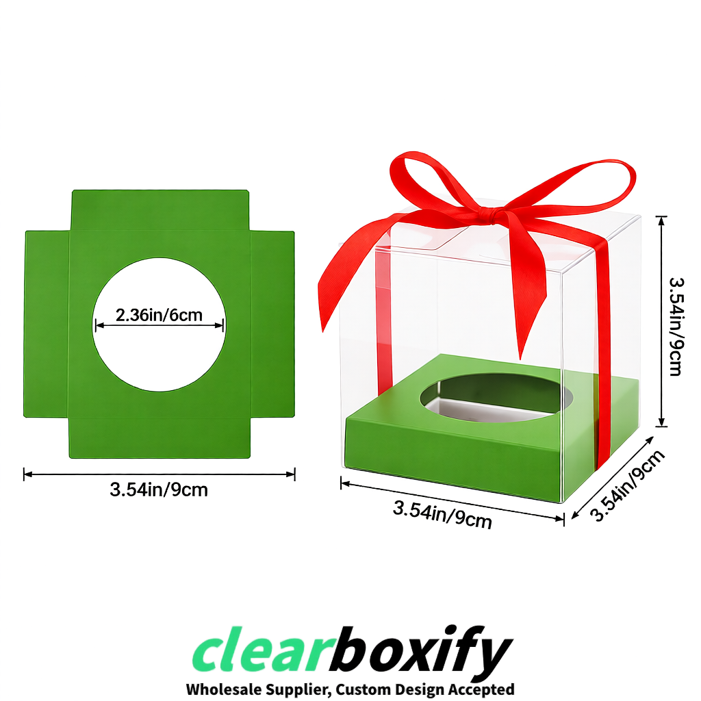 Clear Individual Cupcake Boxes with Avocado Green Base Square 3.5 inch Plastic Cupcake Carrier with Ribbon