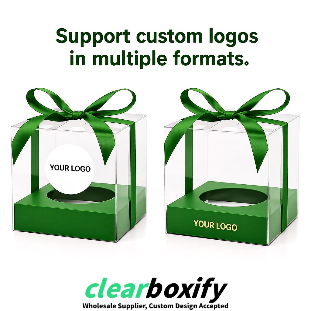 Clear Individual Cupcake Boxes with Avocado Green Base Square 3.5 inch Plastic Cupcake Carrier with Ribbon