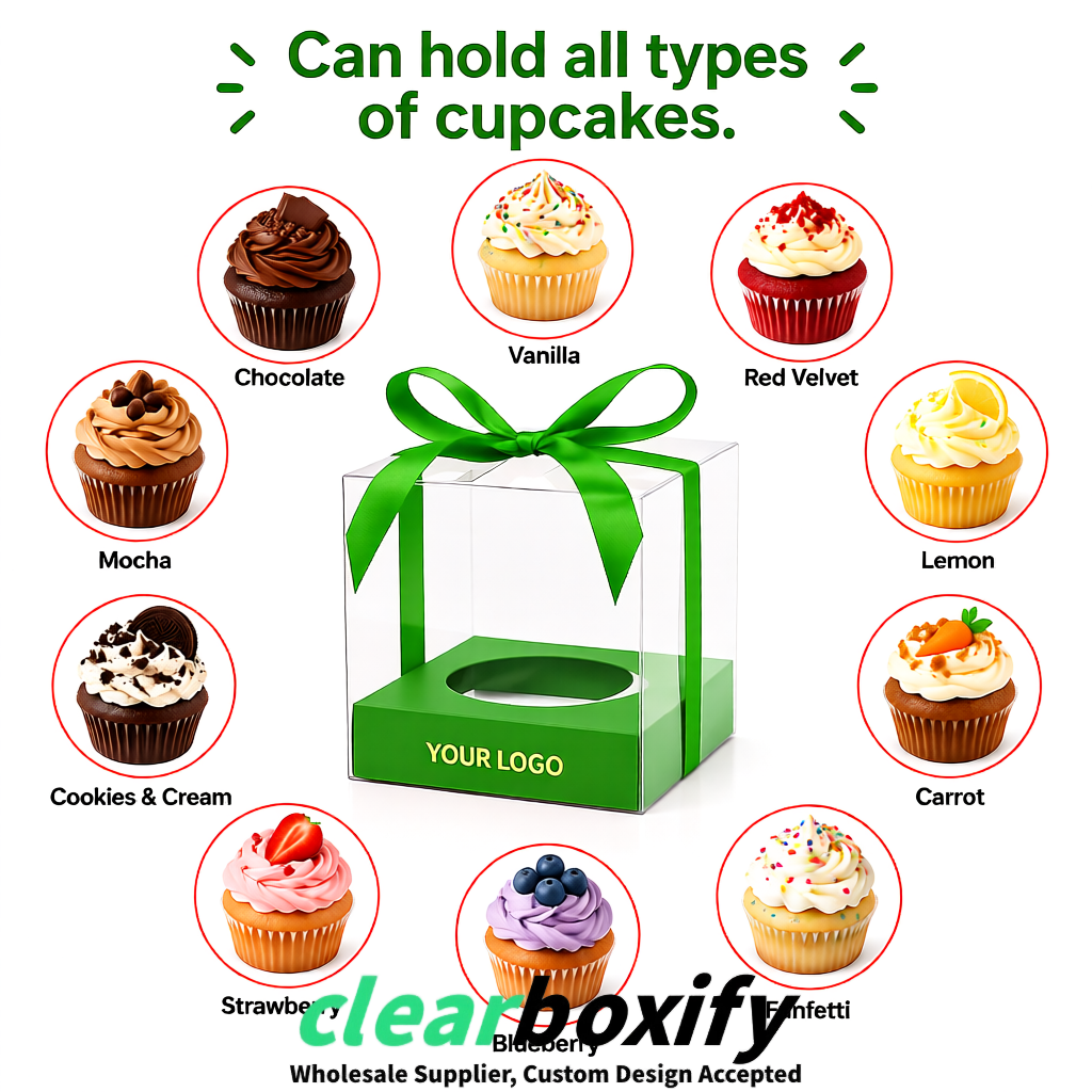 Clear Individual Cupcake Boxes with Avocado Green Base Square 3.5 inch Plastic Cupcake Carrier with Ribbon