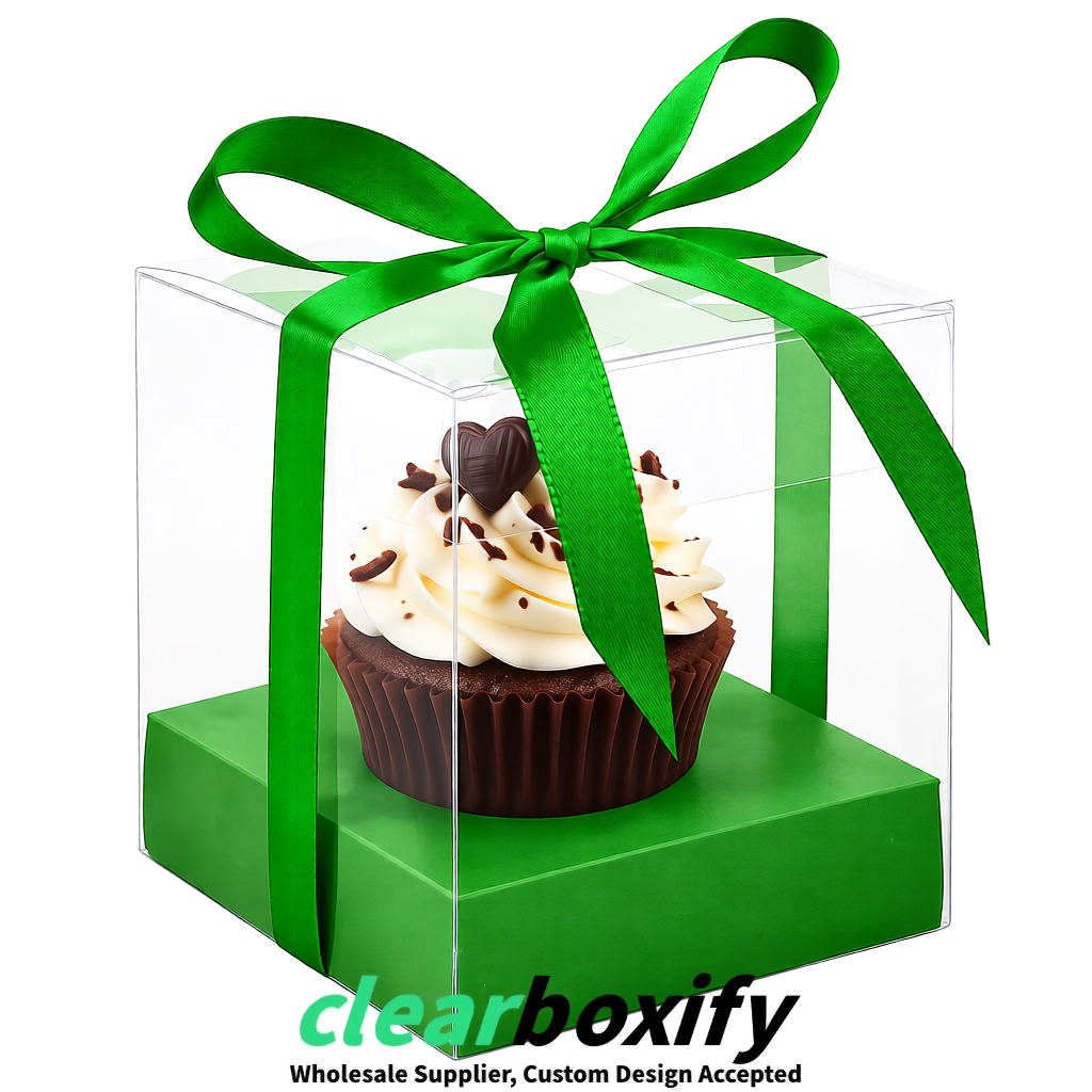 Clear Individual Cupcake Boxes with Avocado Green Base Square 3.5 inch Plastic Cupcake Carrier with Ribbon