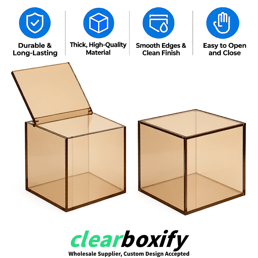 Beige Clear Acrylic Square Boxes With Lid 5x5x5 inch Anti Dust Durable Storage Box