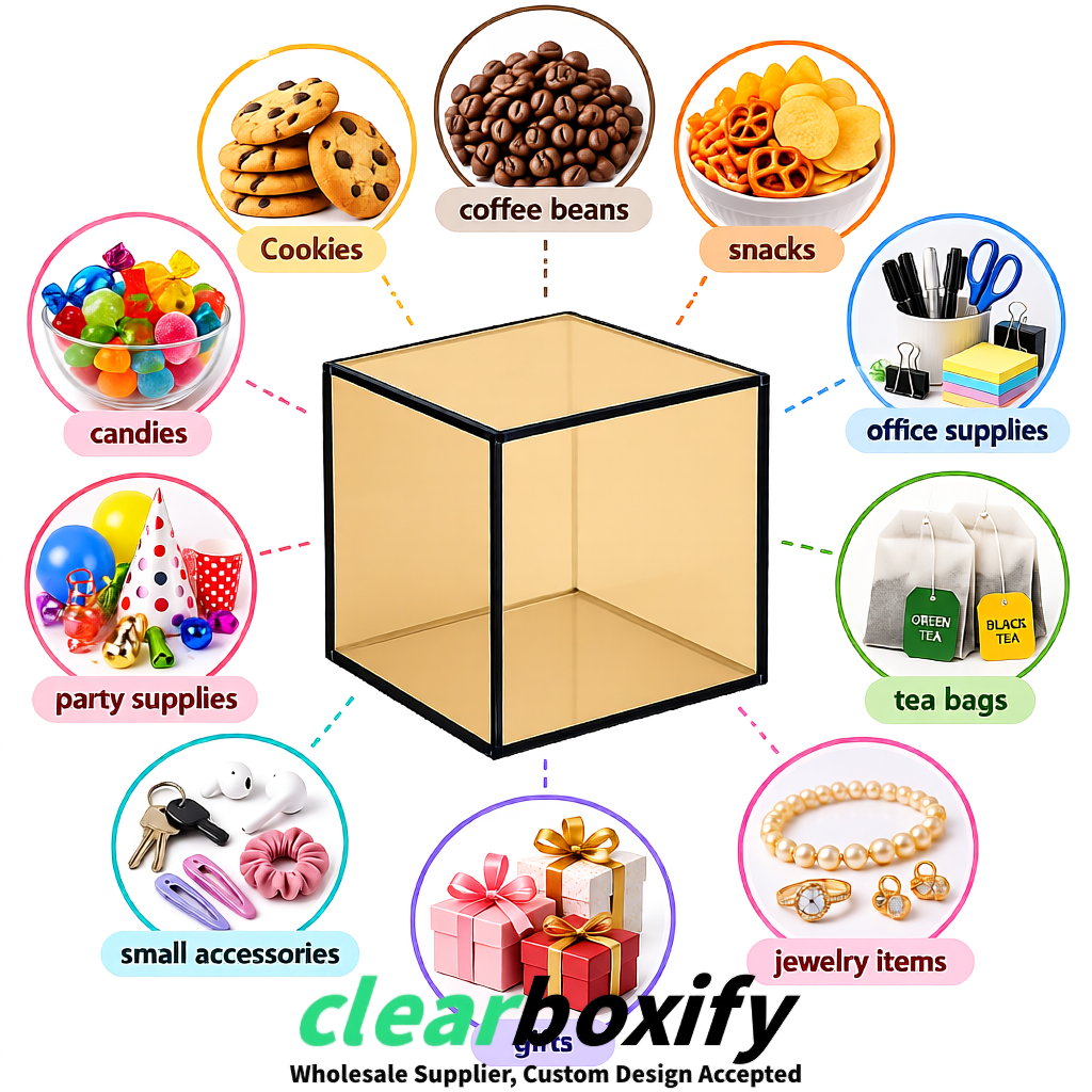Beige Clear Acrylic Square Boxes With Lid 5x5x5 inch Anti Dust Durable Storage Box