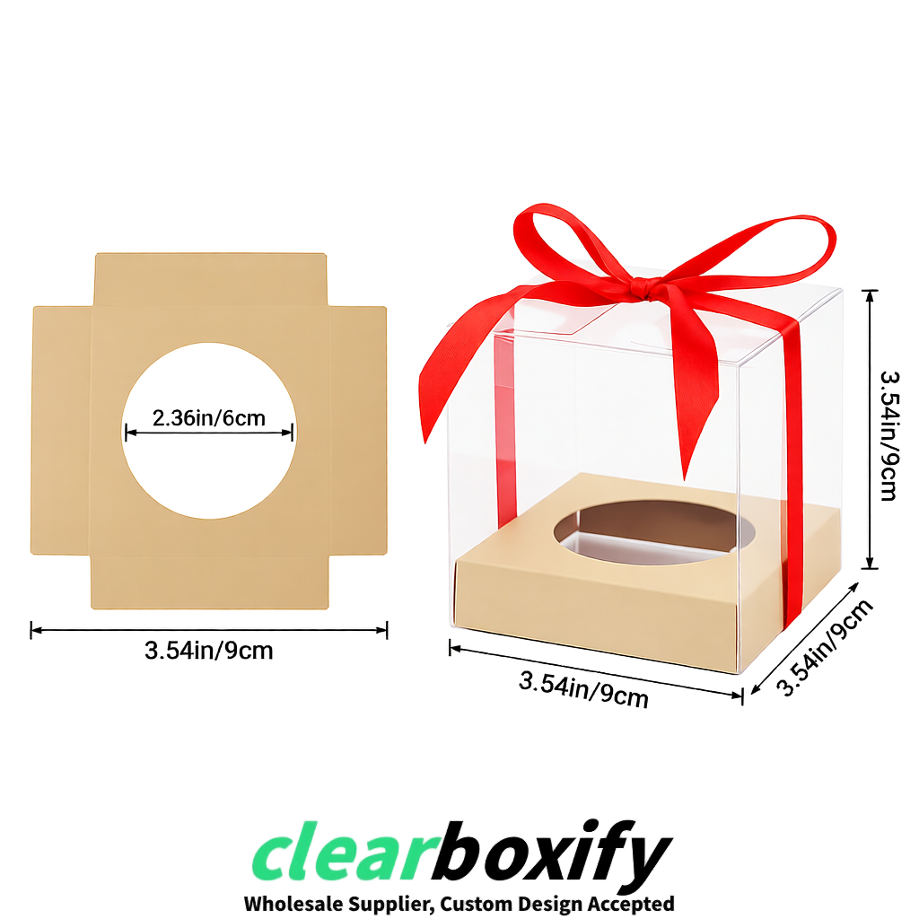 Clear Individual Cupcake Boxes with Beige Base Square 3.5 inch Plastic Cupcake Carrier with Ribbon