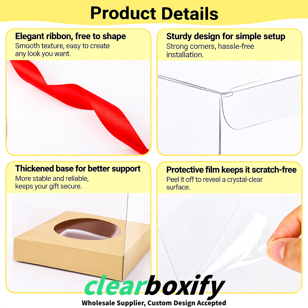 Clear Individual Cupcake Boxes with Beige Base Square 3.5 inch Plastic Cupcake Carrier with Ribbon