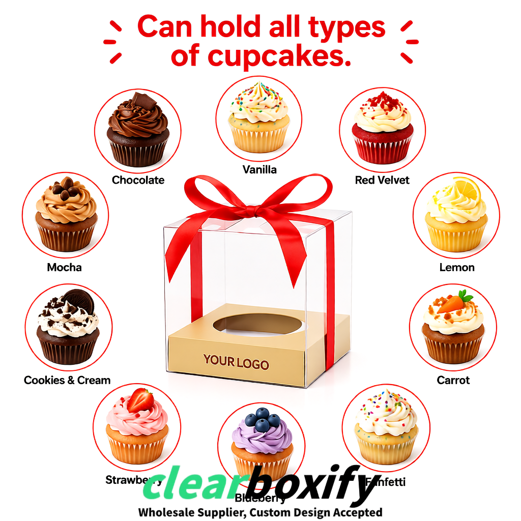 Clear Individual Cupcake Boxes with Beige Base Square 3.5 inch Plastic Cupcake Carrier with Ribbon Clear Individual Cupcake Boxes with Beige Base Square 3.5 inch Plastic Cupcake Carrier with Ribbon