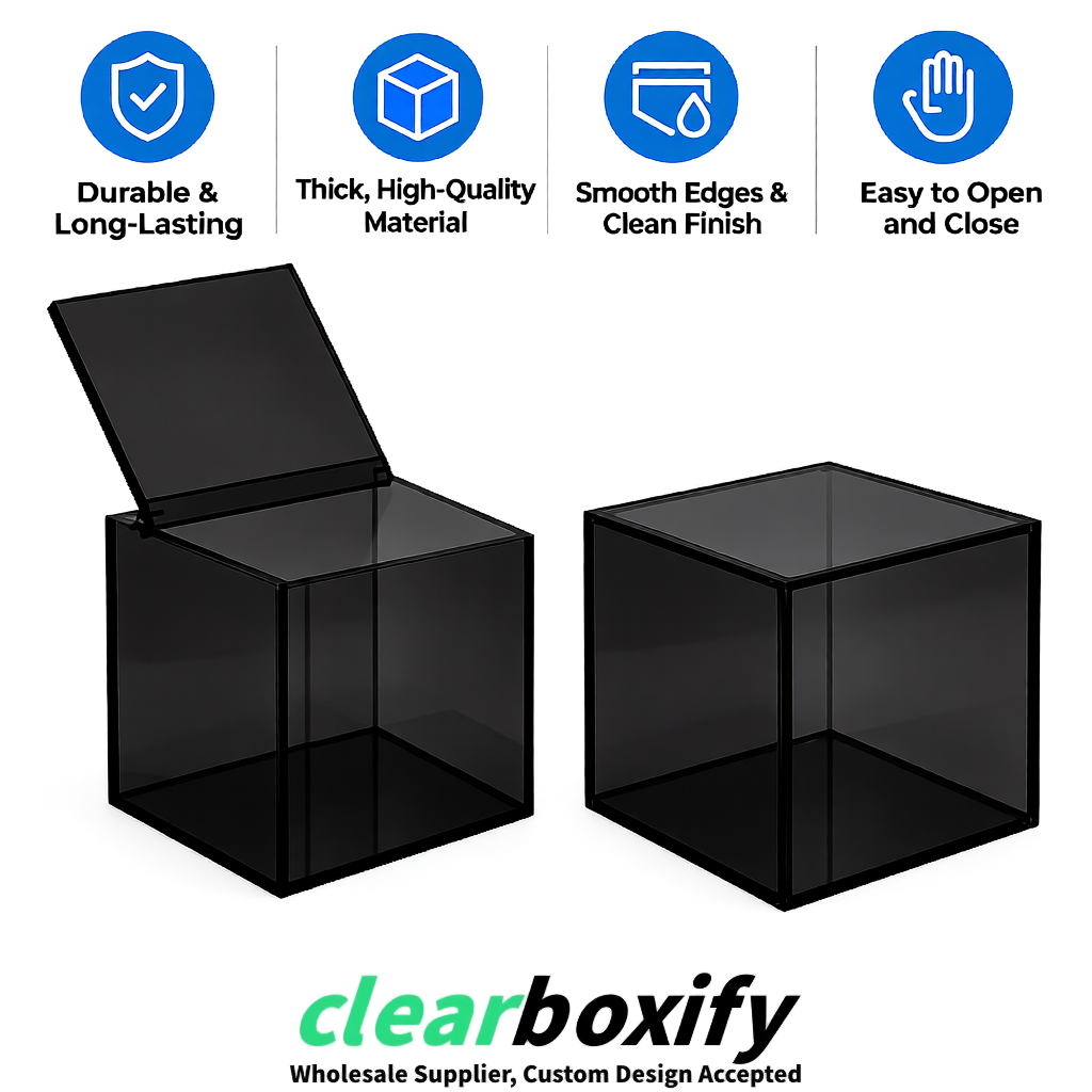 Black Clear Acrylic Square Boxes With Lid 5x5x5 inch Anti Dust Durable Storage Box