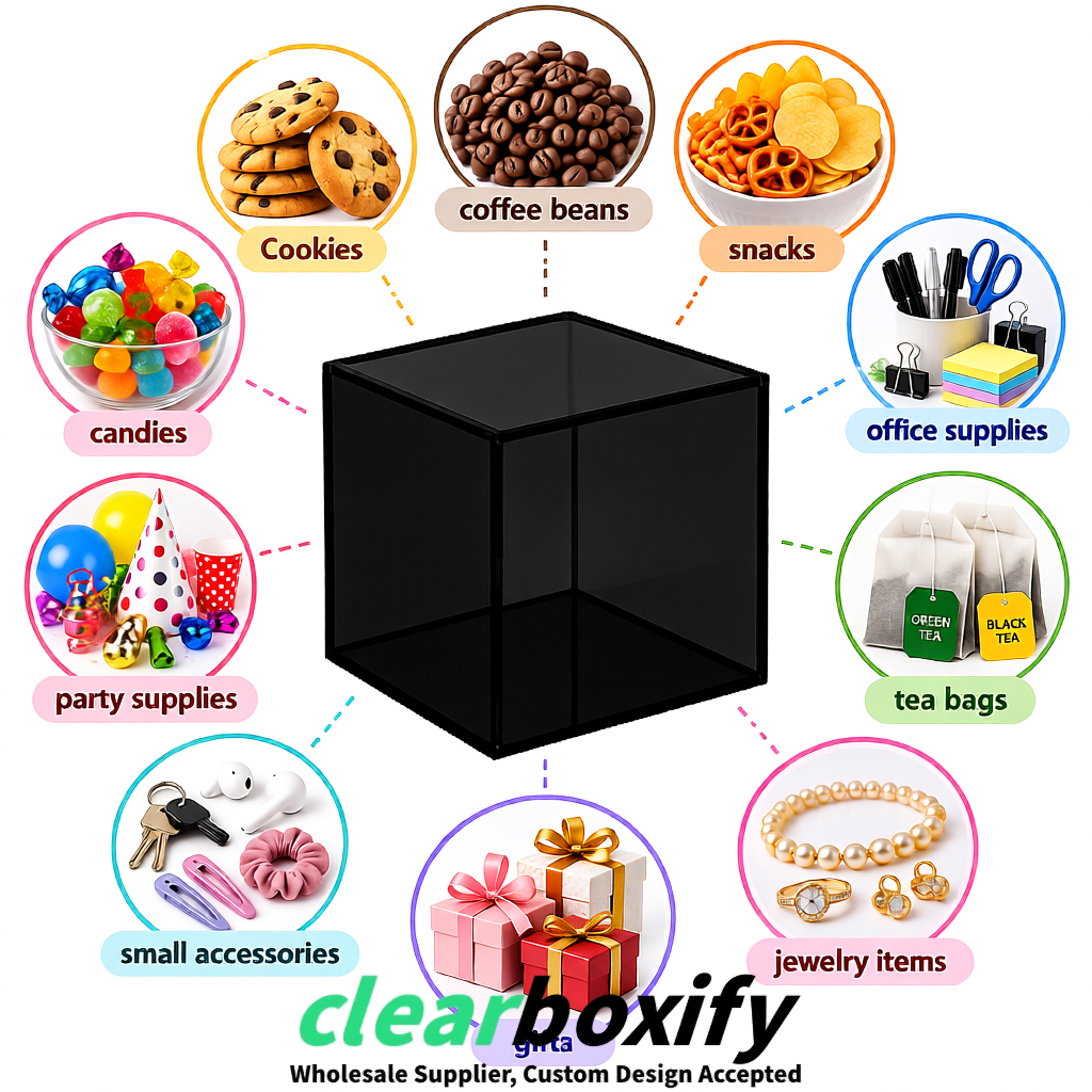 Black Clear Acrylic Square Boxes With Lid 5x5x5 inch Anti Dust Durable Storage Box