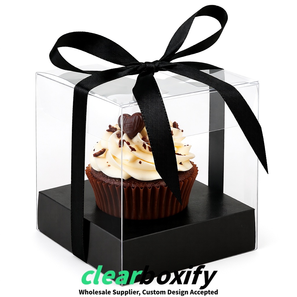 Clear Individual Cupcake Boxes with Black Base Square 3.5 inch Plastic Cupcake Carrier with Ribbon
