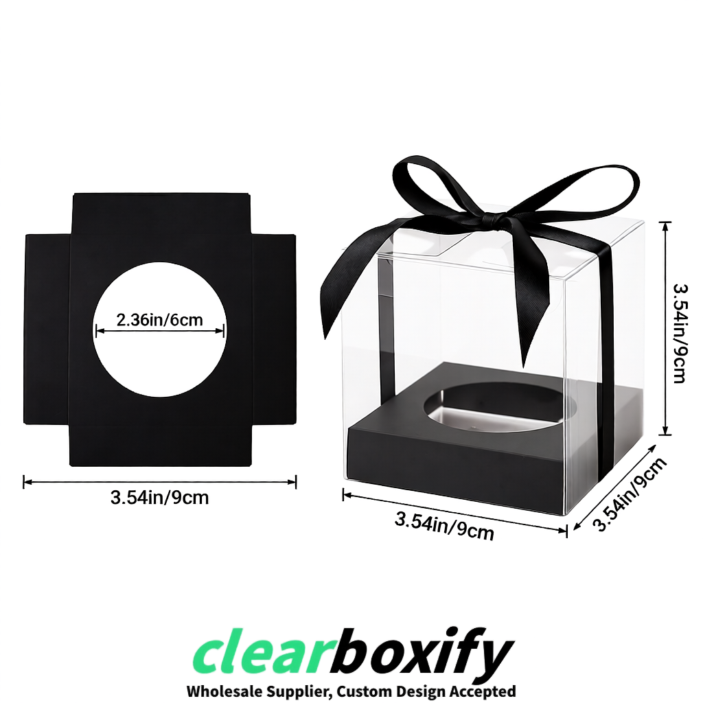 Clear Individual Cupcake Boxes with Black Base Square 3.5 inch Plastic Cupcake Carrier with Ribbon