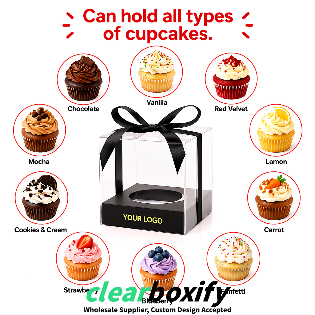 Clear Individual Cupcake Boxes with Black Base Square 3.5 inch Plastic Cupcake Carrier with Ribbon