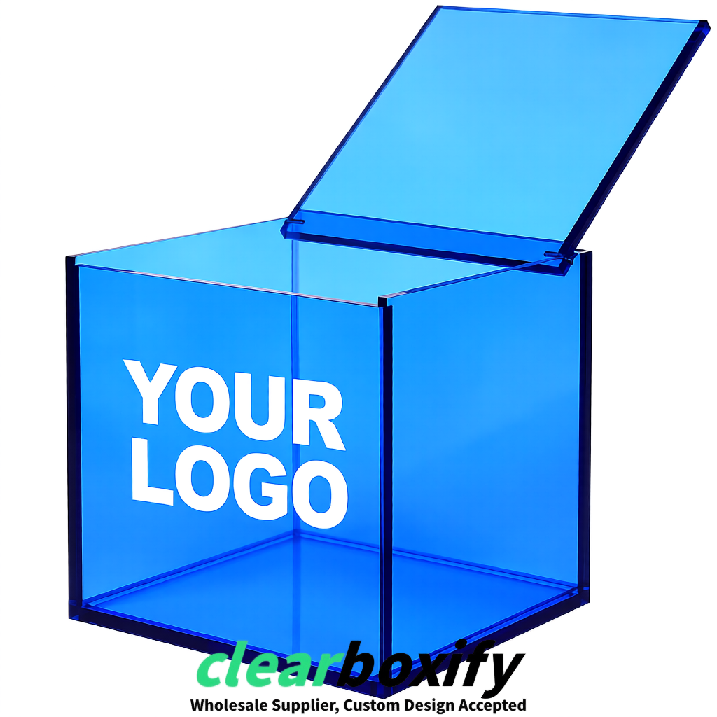 Blue Clear Acrylic Square Boxes With Lid 5x5x5 inch Anti Dust Durable Storage Box