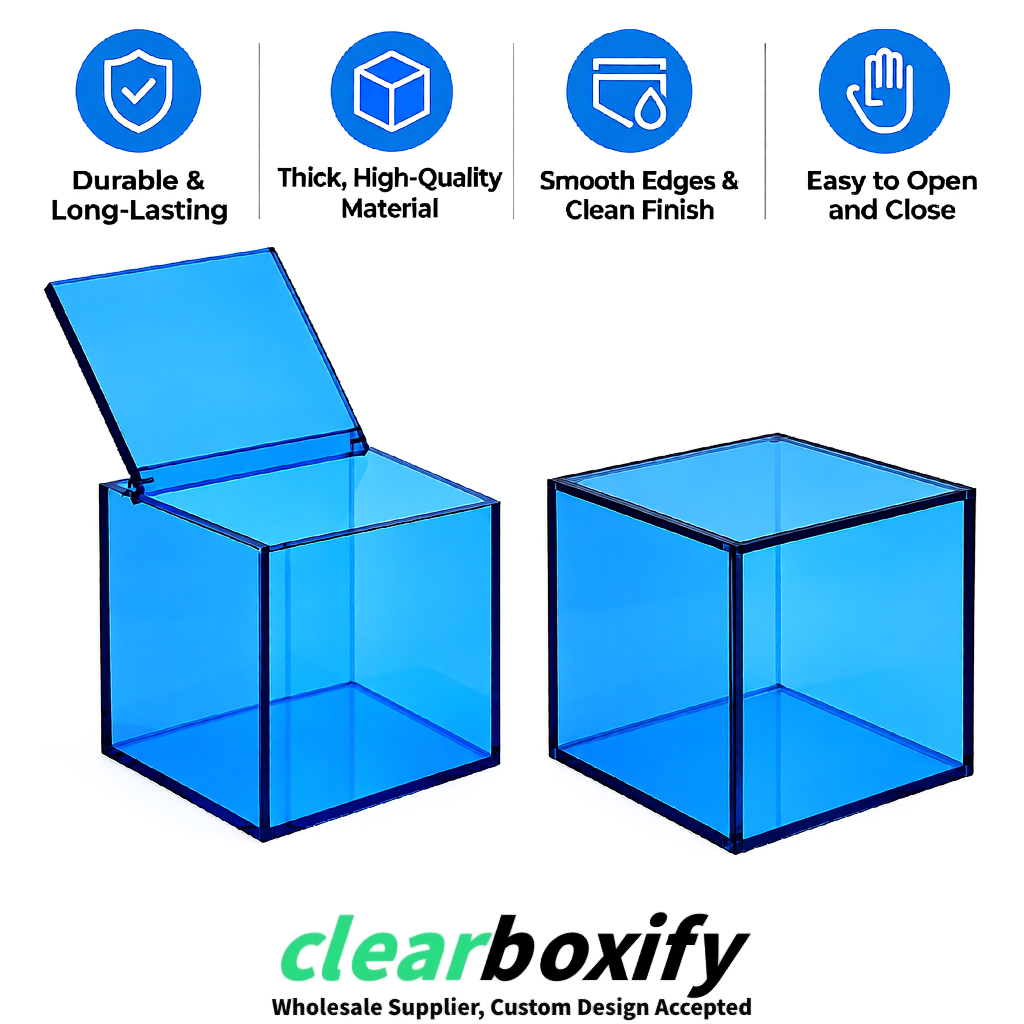 Blue Clear Acrylic Square Boxes With Lid 5x5x5 inch Anti Dust Durable Storage Box Blue Clear Acrylic Square Boxes With Lid 5x5x5 inch Anti Dust Durable Storage Box