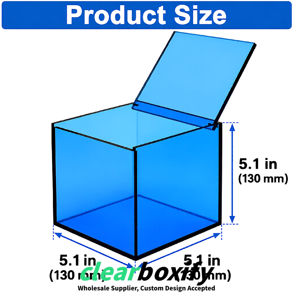 Blue Clear Acrylic Square Boxes With Lid 5x5x5 inch Anti Dust Durable Storage Box