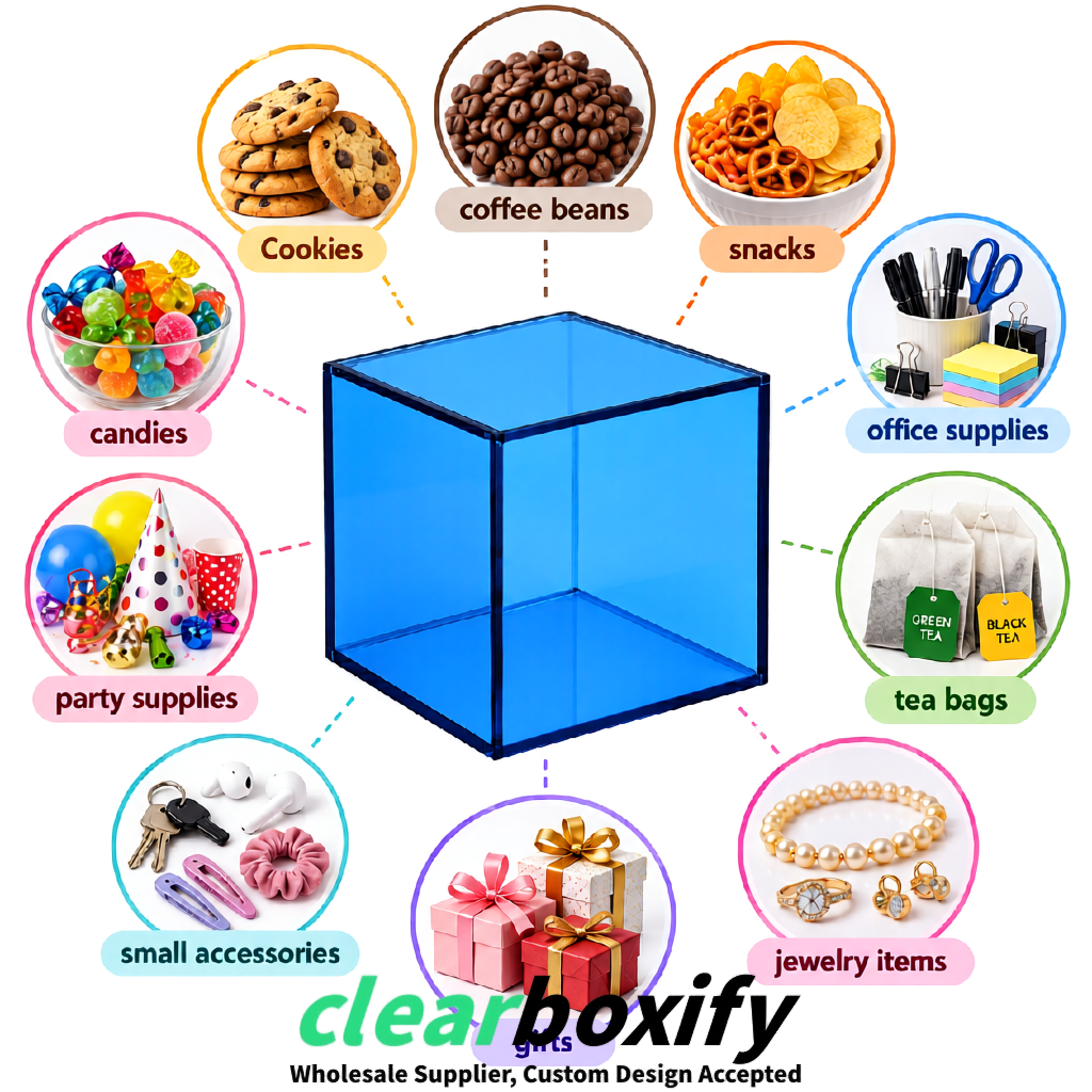 Blue Clear Acrylic Square Boxes With Lid 5x5x5 inch Anti Dust Durable Storage Box
