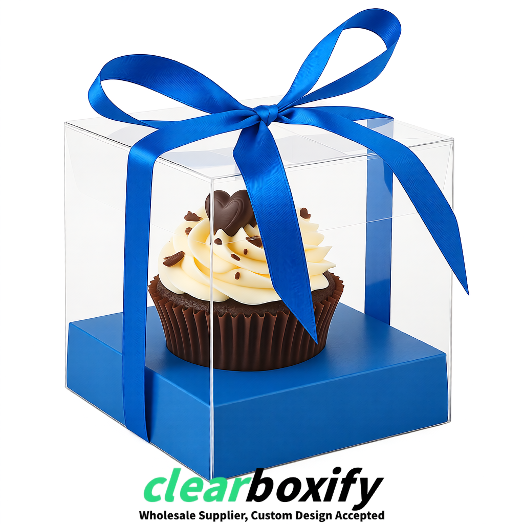 Clear Individual Cupcake Boxes with Blue Base Square 3.5 inch Plastic Cupcake Carrier with Ribbon