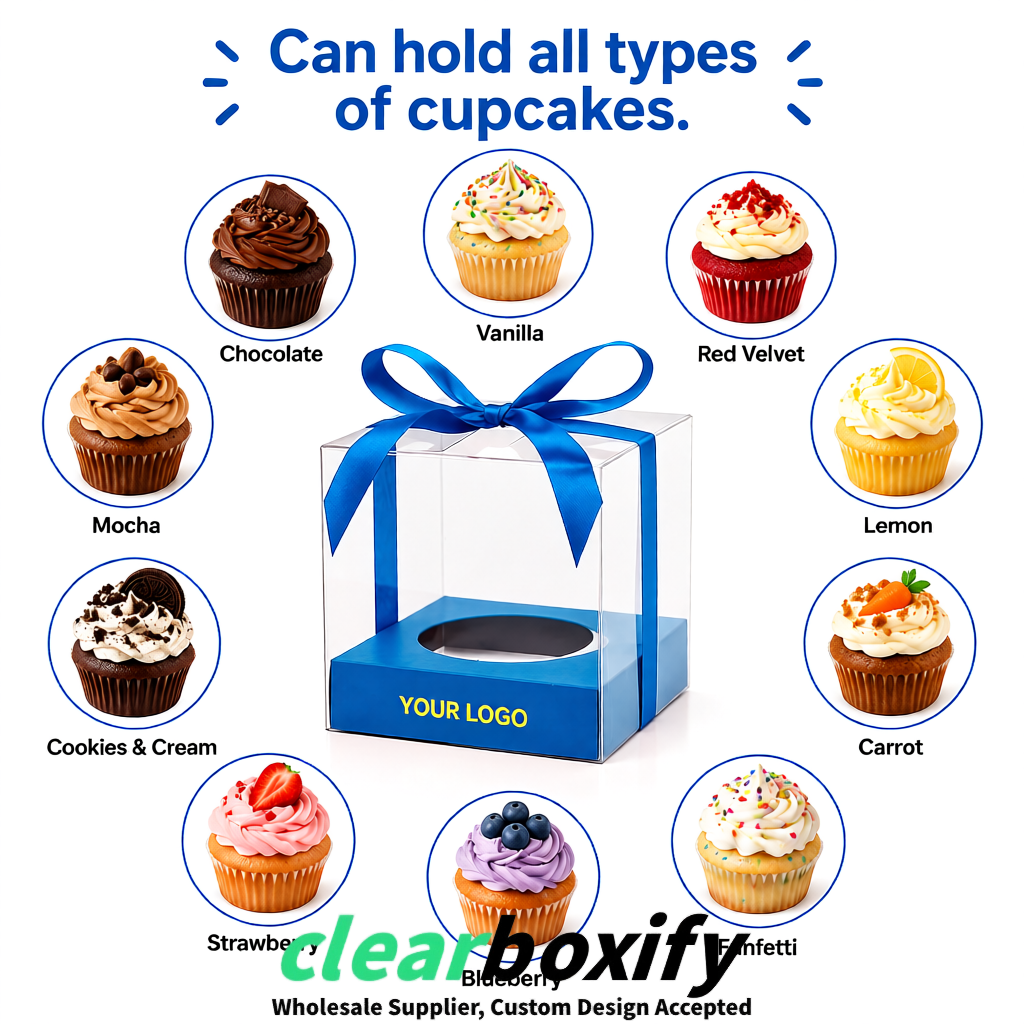 Clear Individual Cupcake Boxes with Blue Base Square 3.5 inch Plastic Cupcake Carrier with Ribbon