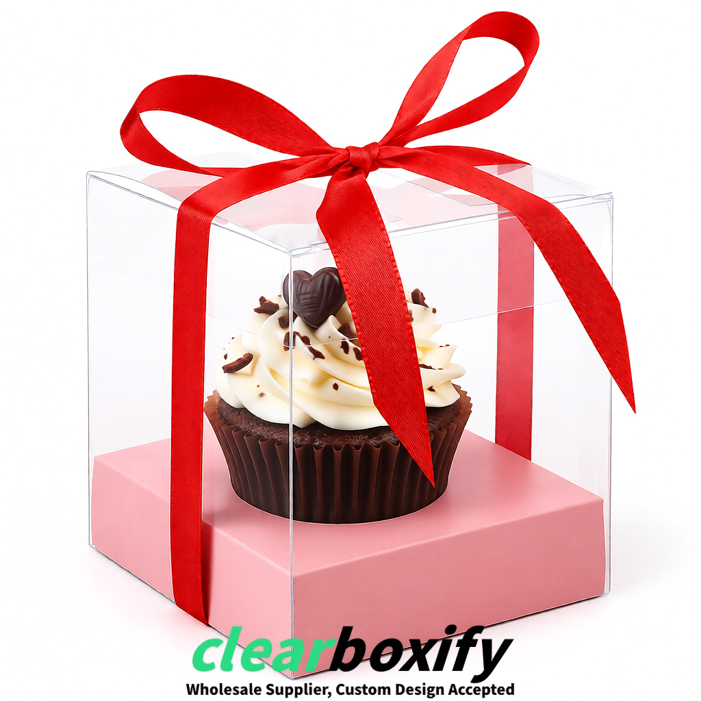 Clear Individual Cupcake Boxes with Blush Base Square 3.5 inch Plastic Cupcake Carrier with Ribbon
