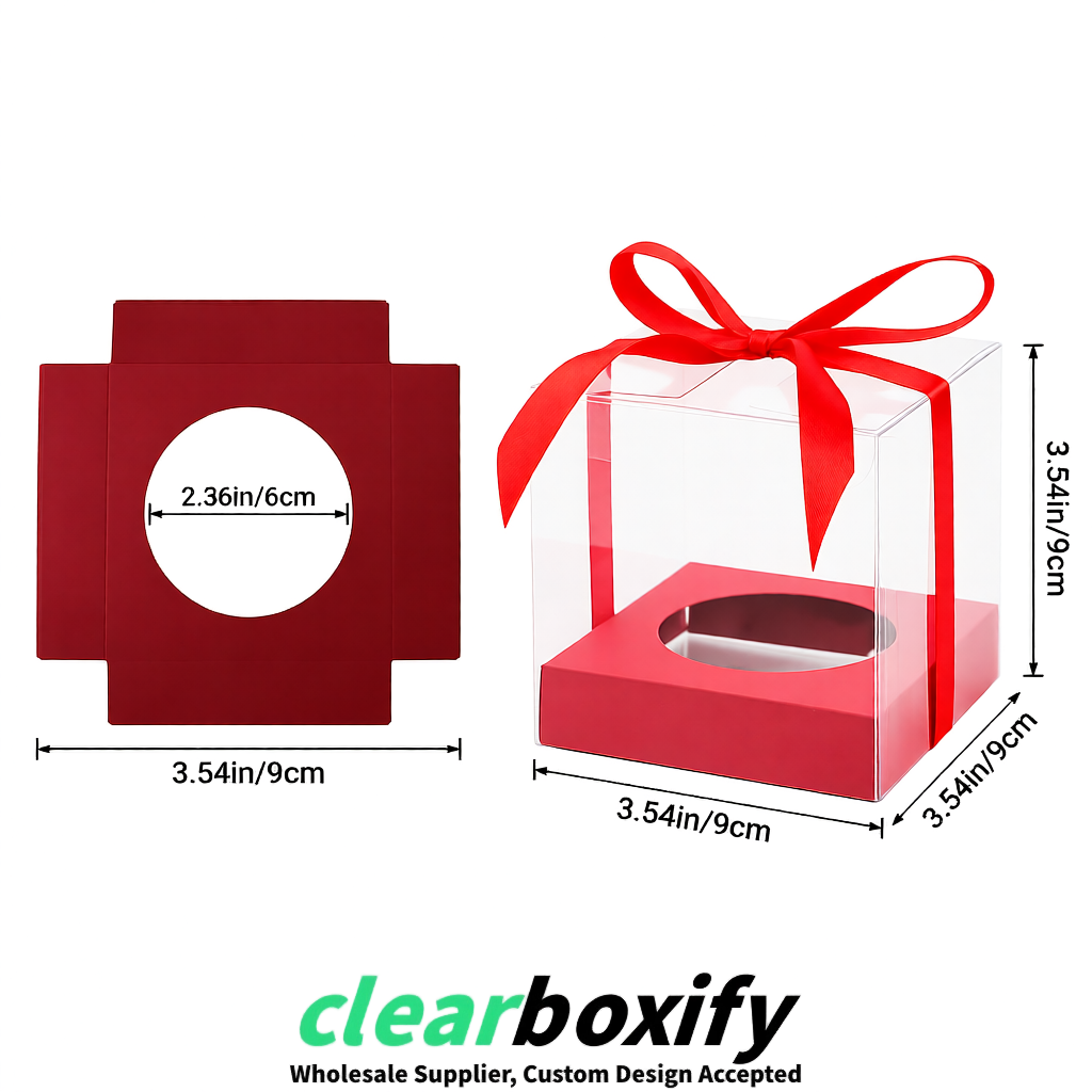 Clear Individual Cupcake Boxes with Blush Base Square 3.5 inch Plastic Cupcake Carrier with Ribbon Clear Individual Cupcake Boxes with Blush Base Square 3.5 inch Plastic Cupcake Carrier with Ribbon