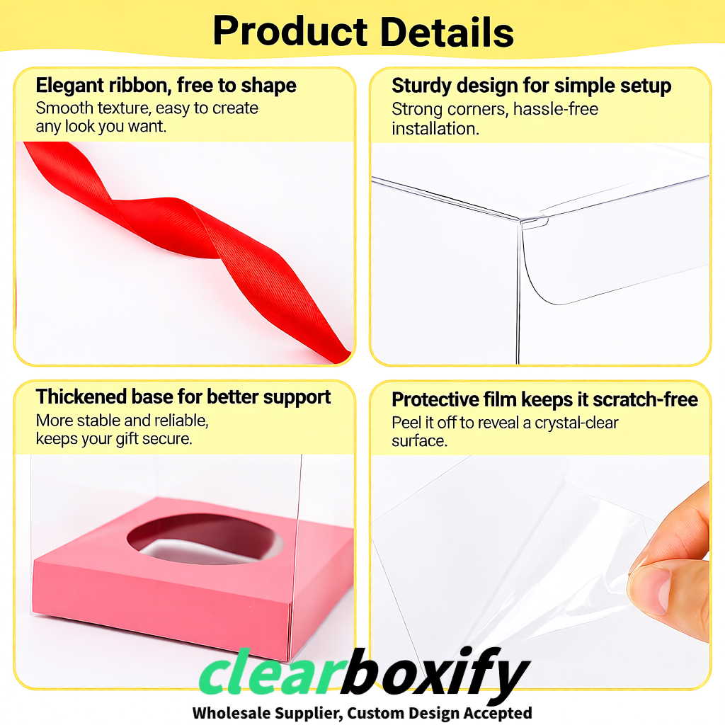 Clear Individual Cupcake Boxes with Blush Base Square 3.5 inch Plastic Cupcake Carrier with Ribbon