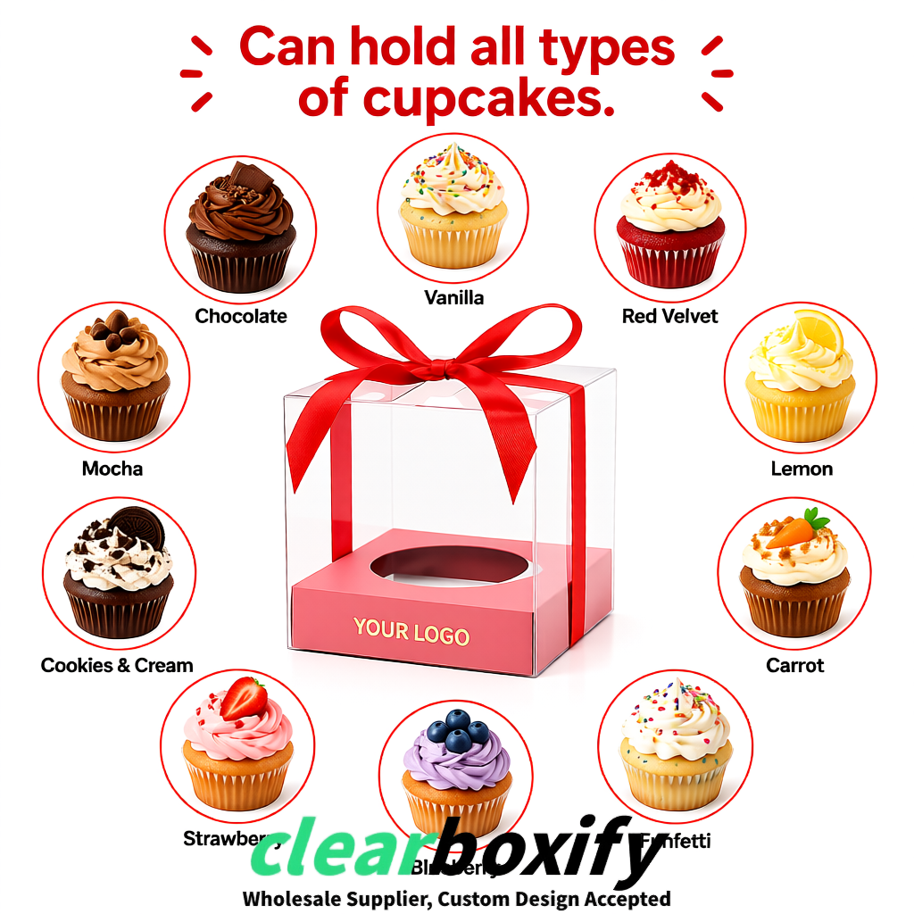 Clear Individual Cupcake Boxes with Blush Base Square 3.5 inch Plastic Cupcake Carrier with Ribbon