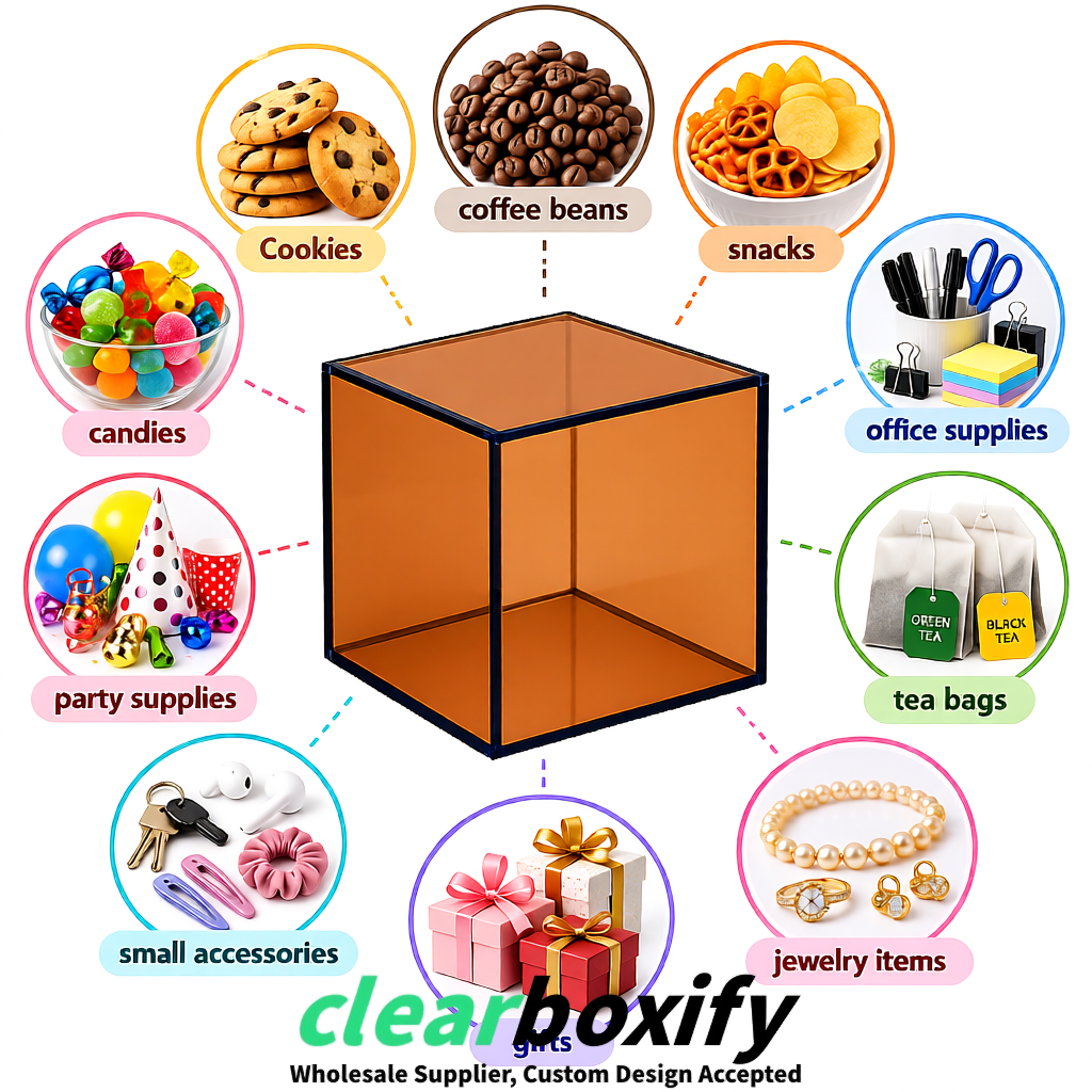 Bronze Clear Acrylic Square Boxes With Lid 5x5x5 inch Anti Dust Durable Storage Box