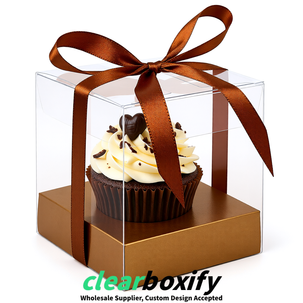 Clear Individual Cupcake Boxes with Bronze Base Square 3.5 inch Plastic Cupcake Carrier with Ribbon