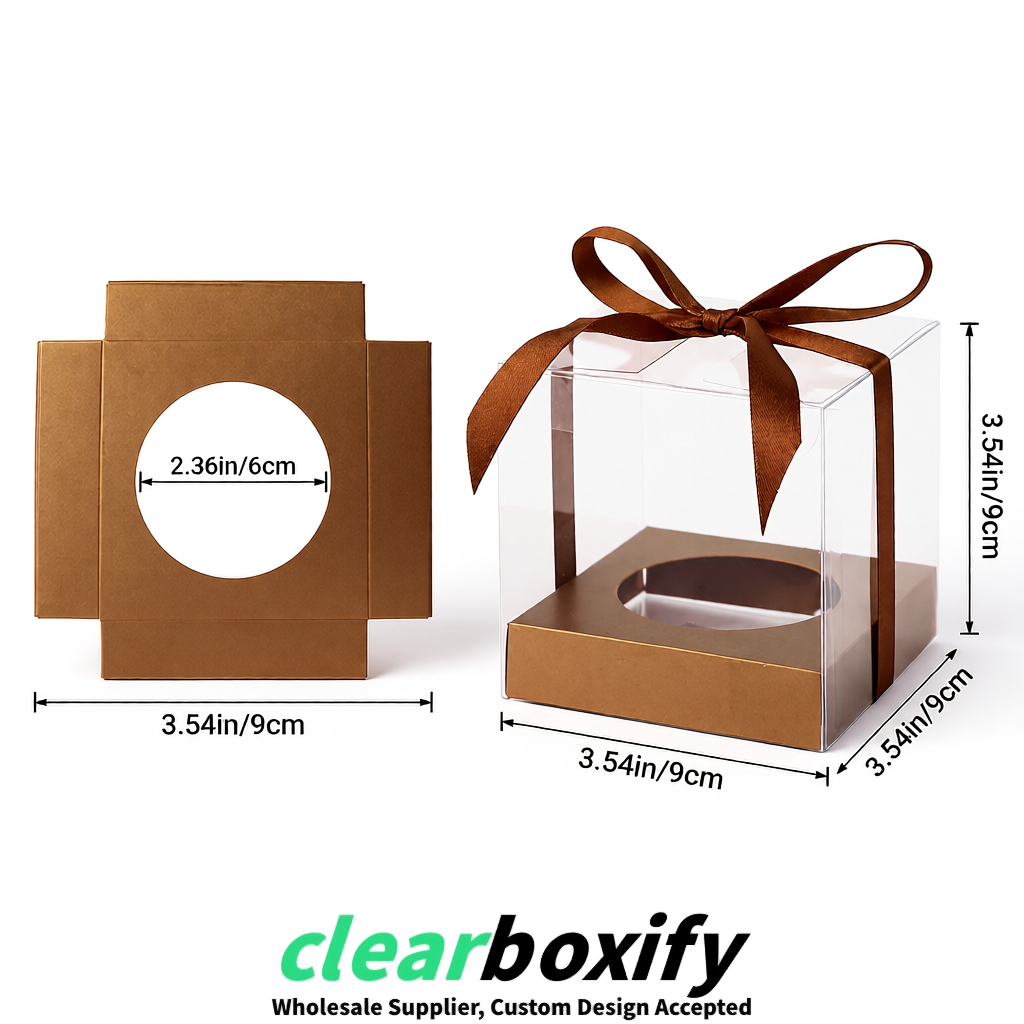 Clear Individual Cupcake Boxes with Bronze Base Square 3.5 inch Plastic Cupcake Carrier with Ribbon