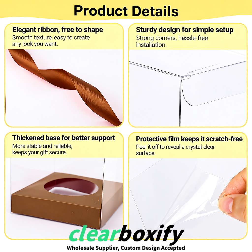 Clear Individual Cupcake Boxes with Bronze Base Square 3.5 inch Plastic Cupcake Carrier with Ribbon