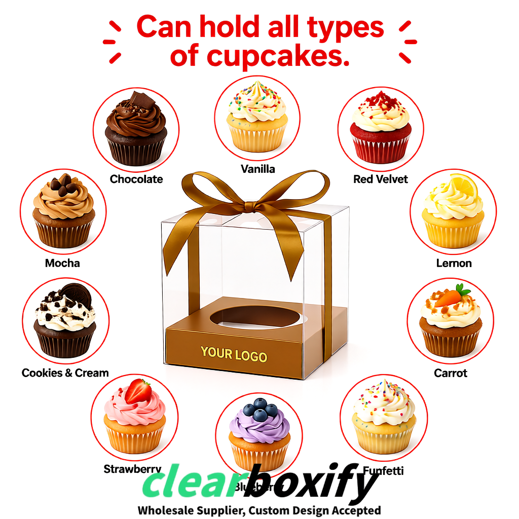 Clear Individual Cupcake Boxes with Bronze Base Square 3.5 inch Plastic Cupcake Carrier with Ribbon