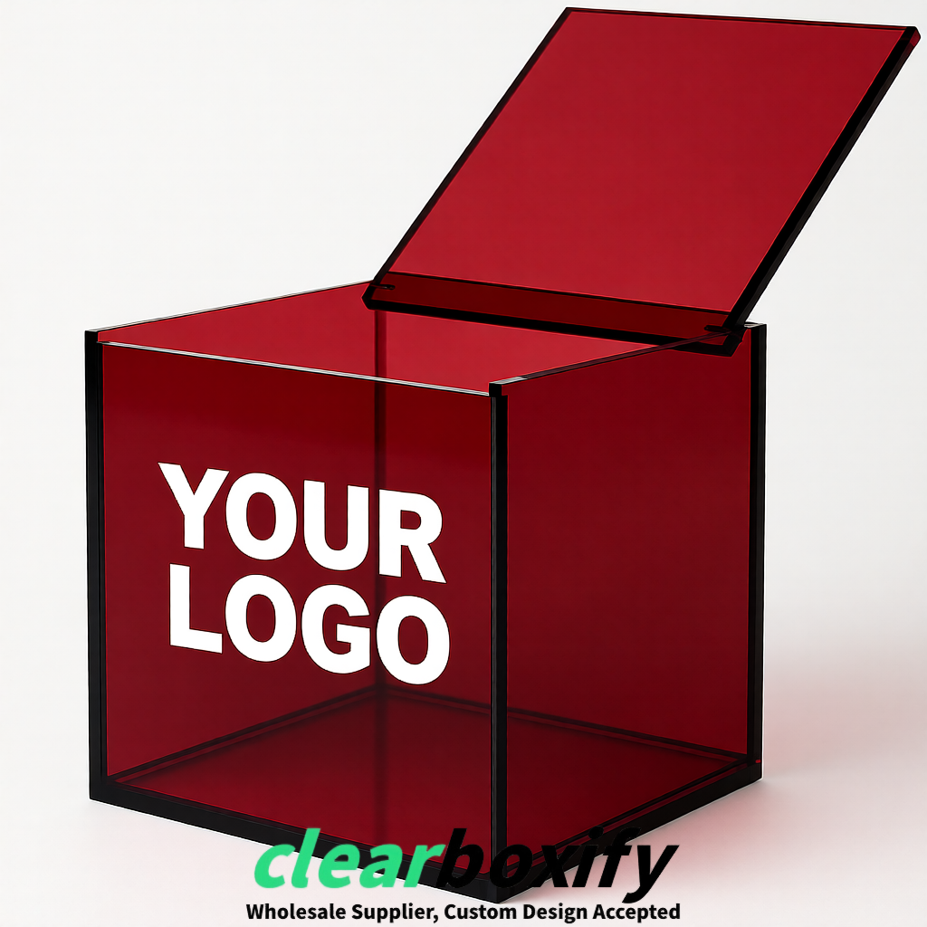 Burgundy Clear Acrylic Square Boxes With Lid 5x5x5 inch Anti Dust Durable Storage Box