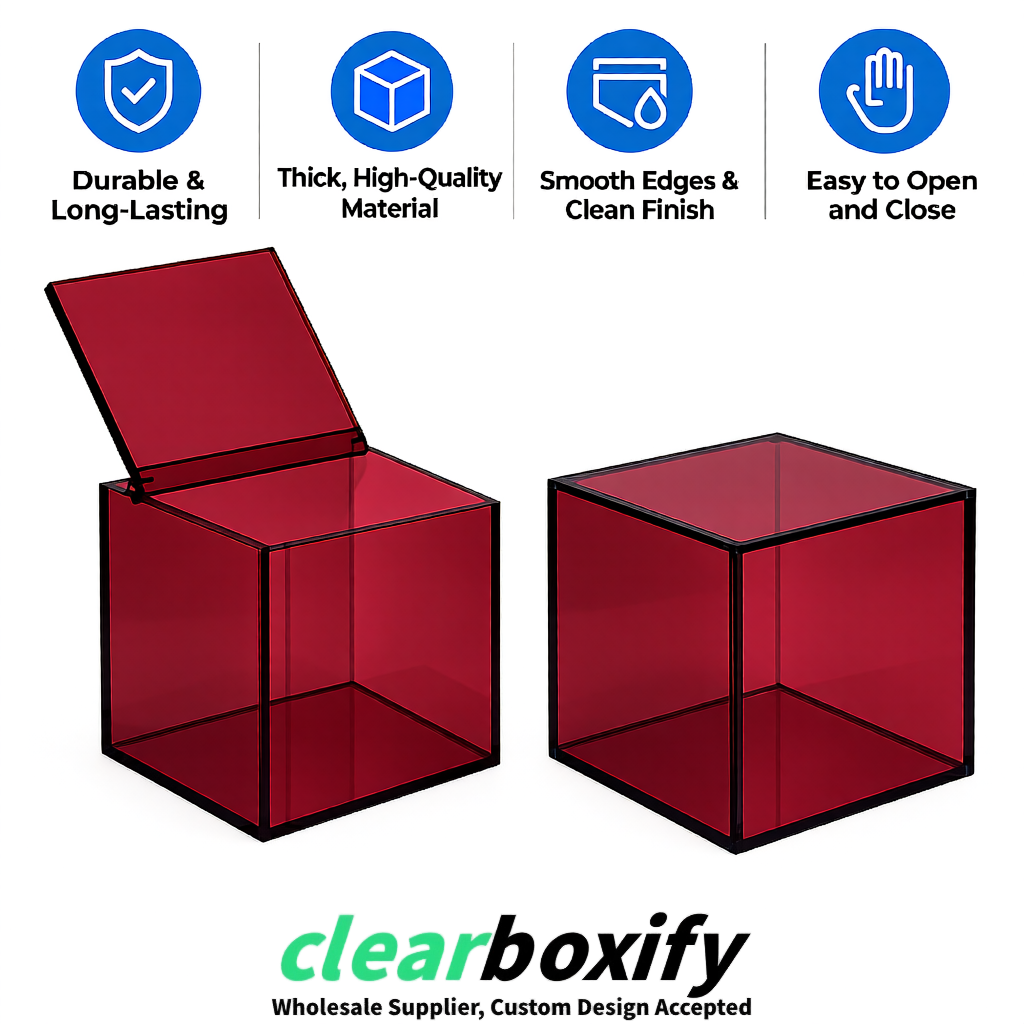 Burgundy Clear Acrylic Square Boxes With Lid 5x5x5 inch Anti Dust Durable Storage Box