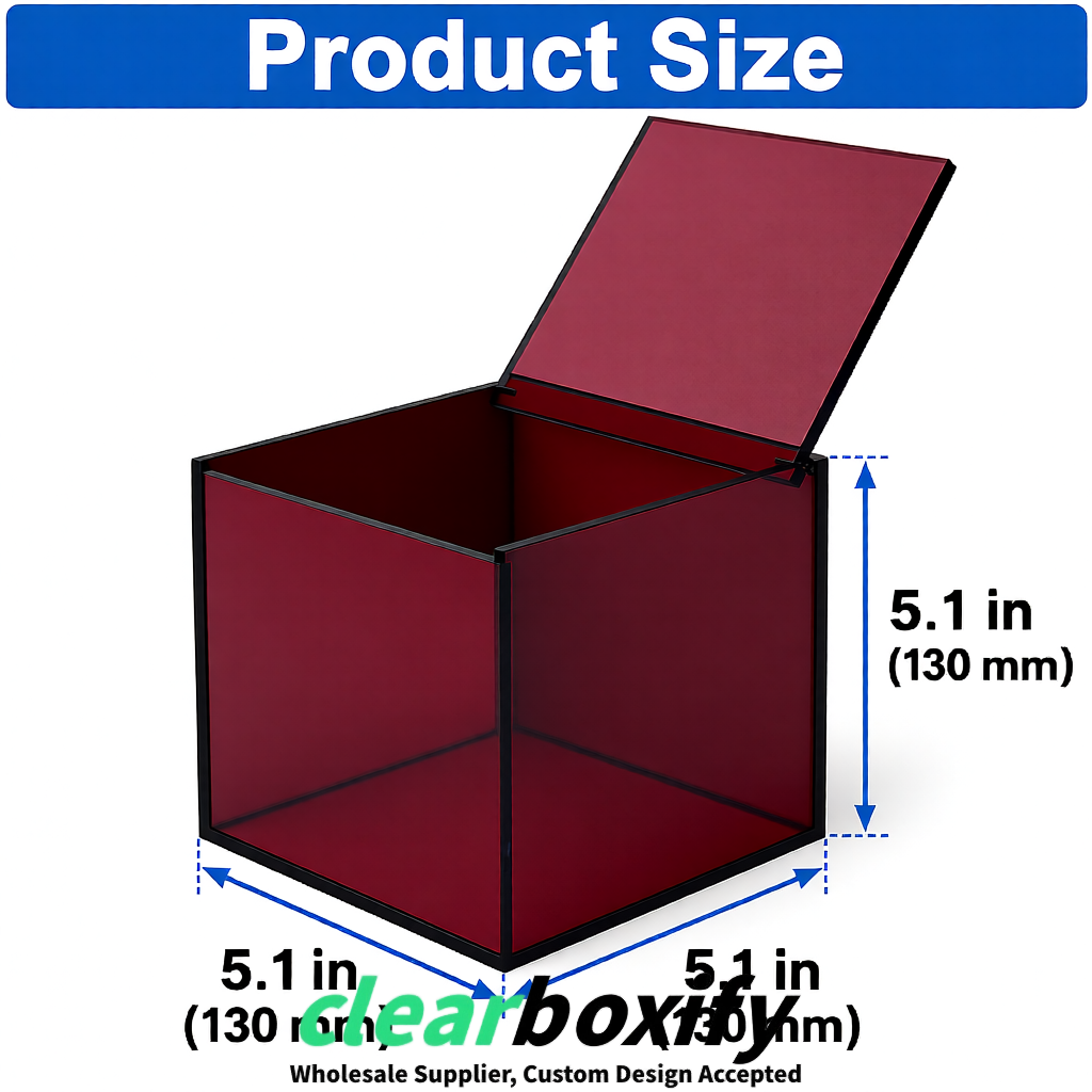 Burgundy Clear Acrylic Square Boxes With Lid 5x5x5 inch Anti Dust Durable Storage Box