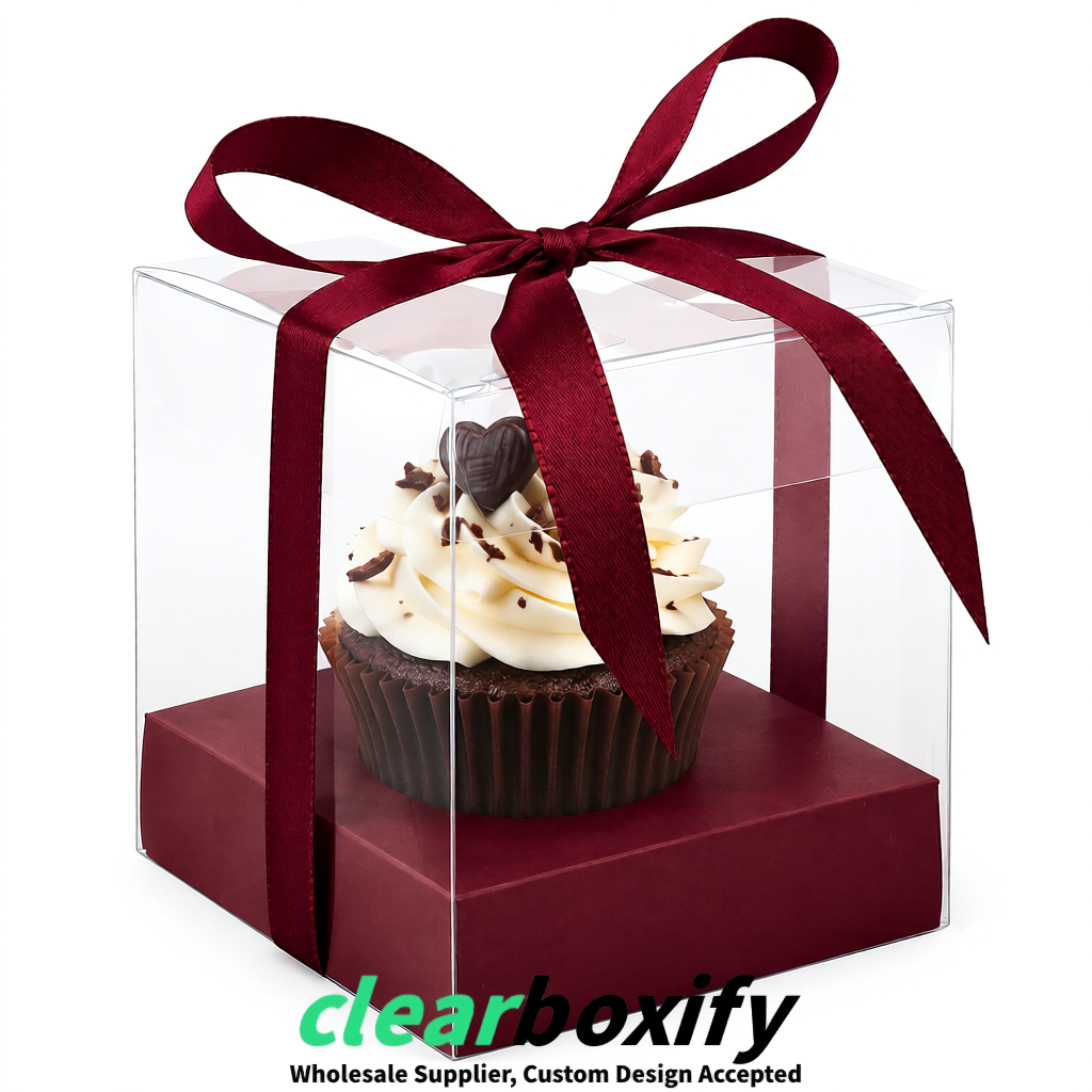 Clear Individual Cupcake Boxes with Burgundy Base Square 3.5 inch Plastic Cupcake Carrier with Ribbon