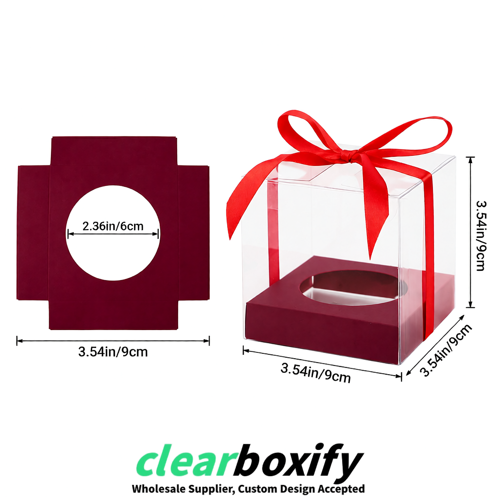 Clear Individual Cupcake Boxes with Burgundy Base Square 3.5 inch Plastic Cupcake Carrier with Ribbon