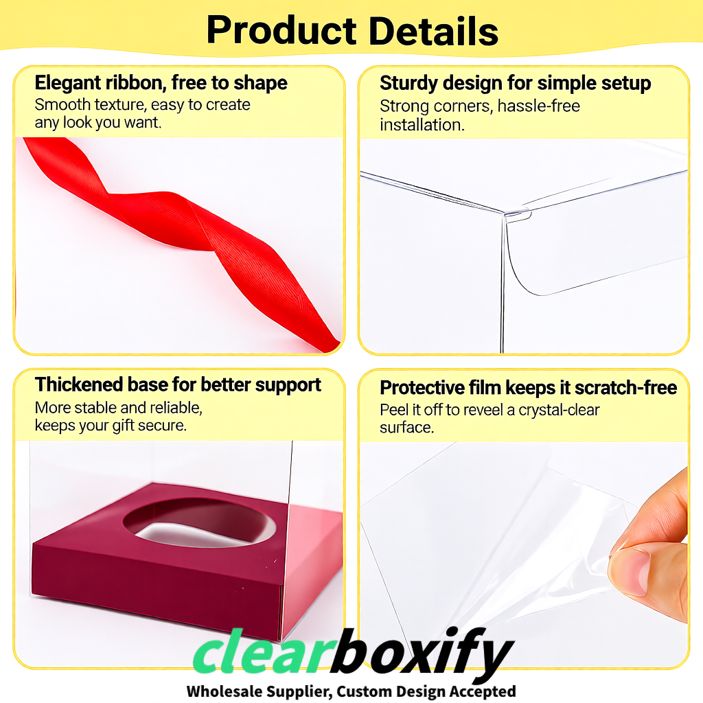 Clear Individual Cupcake Boxes with Burgundy Base Square 3.5 inch Plastic Cupcake Carrier with Ribbon Clear Individual Cupcake Boxes with Burgundy Base Square 3.5 inch Plastic Cupcake Carrier with Ribbon