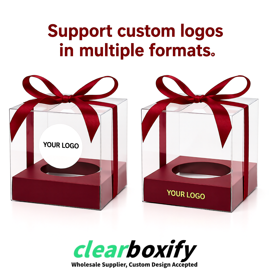 Clear Individual Cupcake Boxes with Burgundy Base Square 3.5 inch Plastic Cupcake Carrier with Ribbon