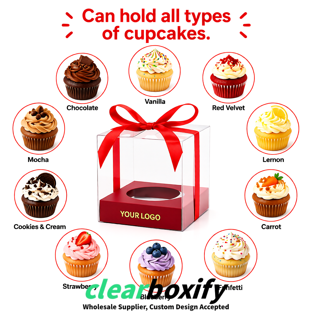 Clear Individual Cupcake Boxes with Burgundy Base Square 3.5 inch Plastic Cupcake Carrier with Ribbon