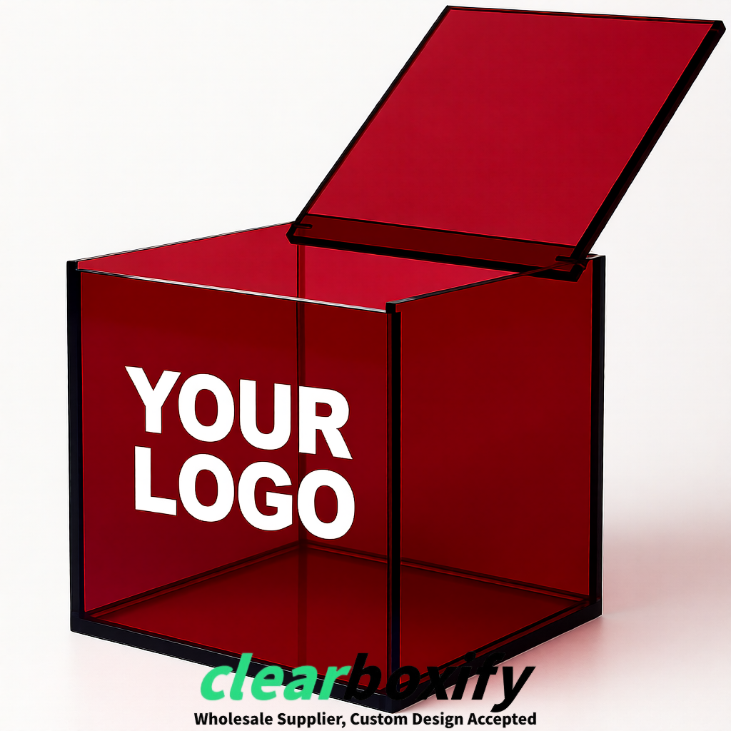 Carmine Clear Acrylic Square Boxes With Lid 5x5x5 inch Anti Dust Durable Storage Box