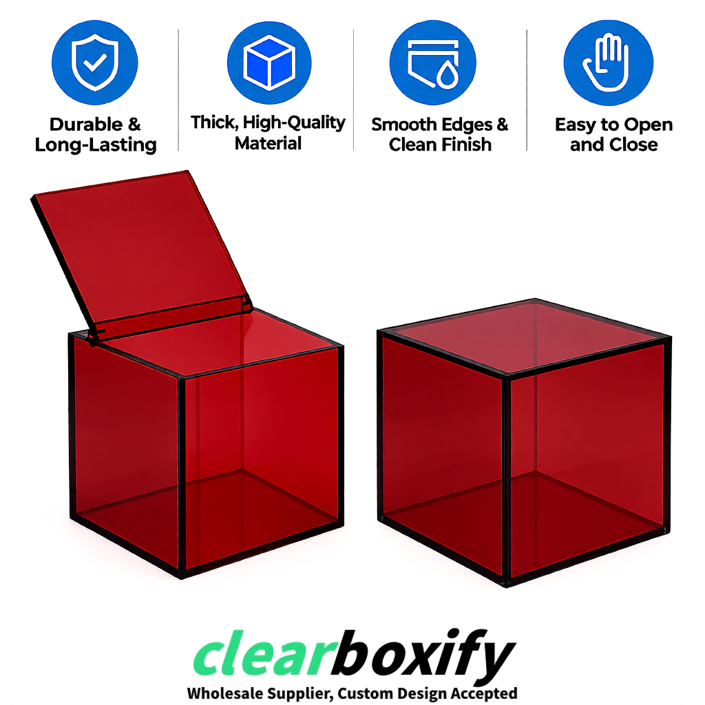 Carmine Clear Acrylic Square Boxes With Lid 5x5x5 inch Anti Dust Durable Storage Box