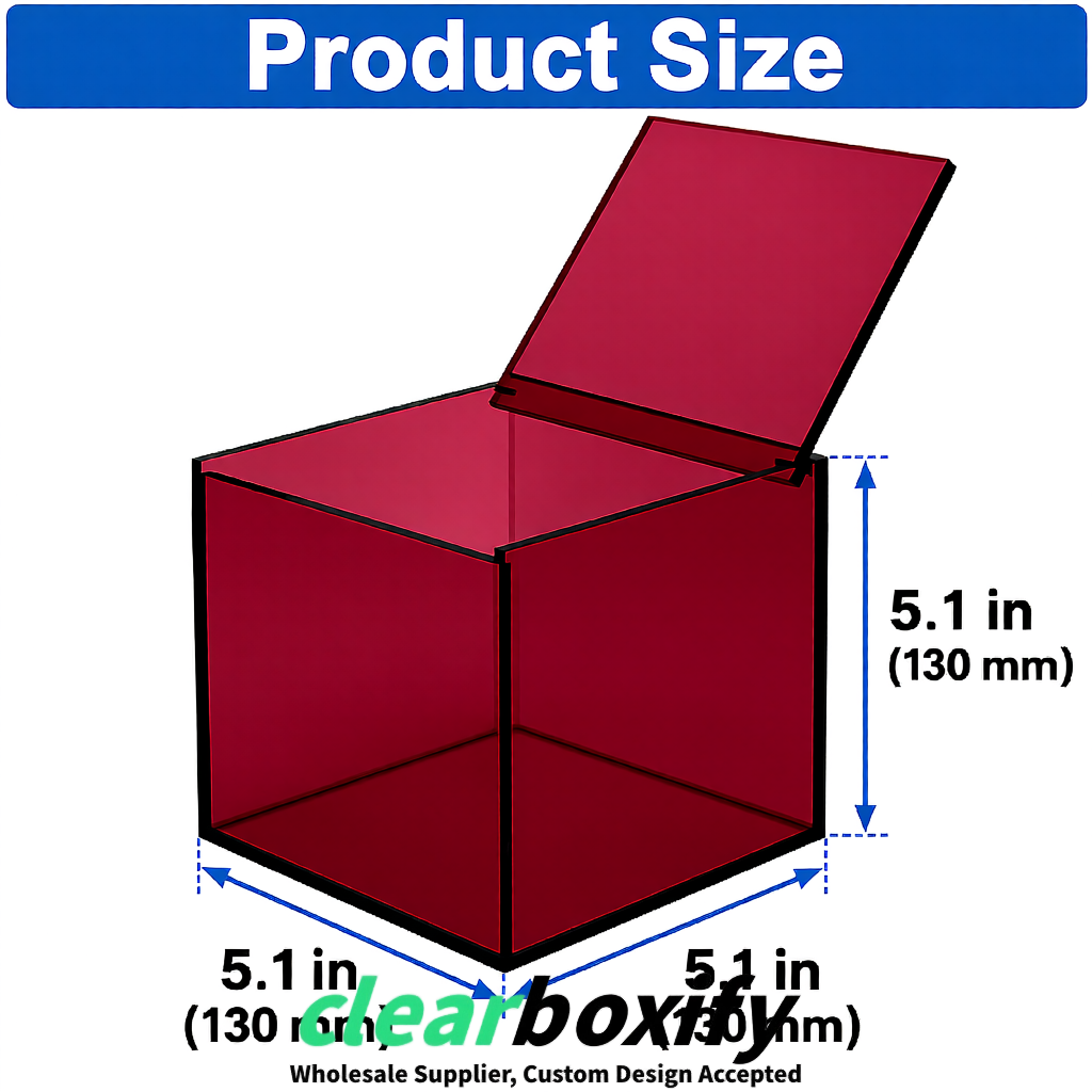 Carmine Clear Acrylic Square Boxes With Lid 5x5x5 inch Anti Dust Durable Storage Box