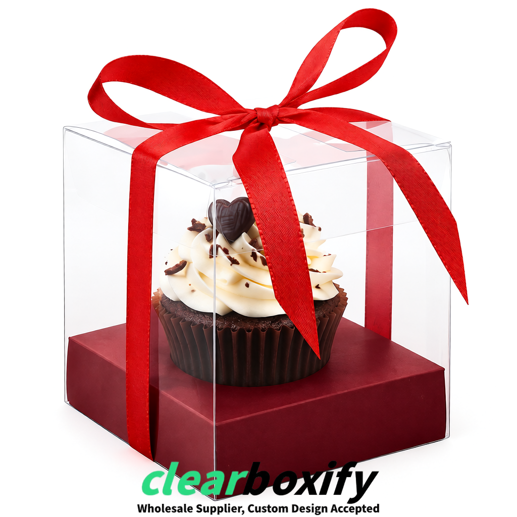 Clear Individual Cupcake Boxes with Carmine Base Square 3.5 inch Plastic Cupcake Carrier with Ribbon