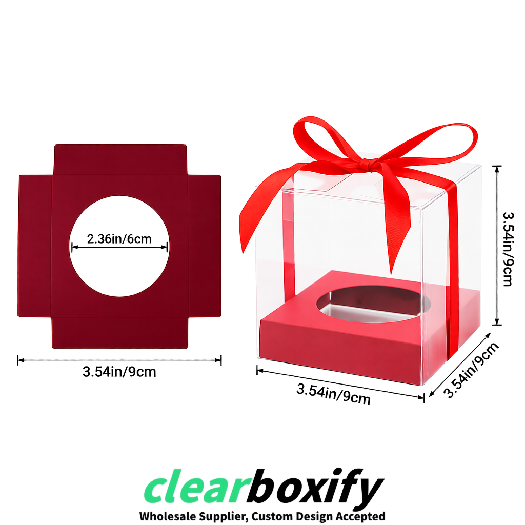 Clear Individual Cupcake Boxes with Carmine Base Square 3.5 inch Plastic Cupcake Carrier with Ribbon
