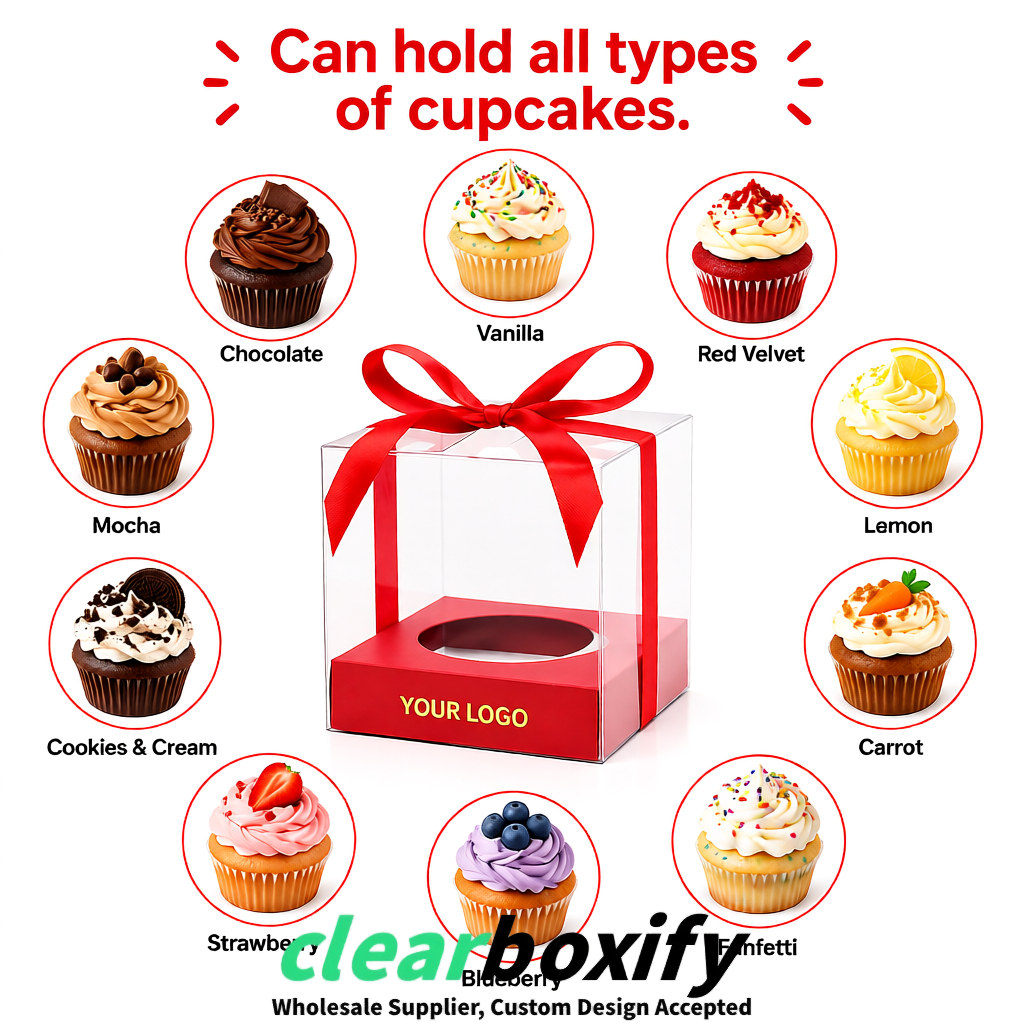 Clear Individual Cupcake Boxes with Carmine Base Square 3.5 inch Plastic Cupcake Carrier with Ribbon