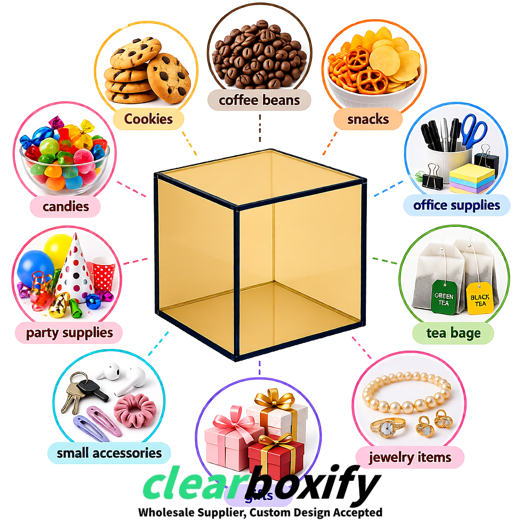 Champagne Clear Acrylic Square Boxes With Lid 5x5x5 inch Anti Dust Durable Storage Box