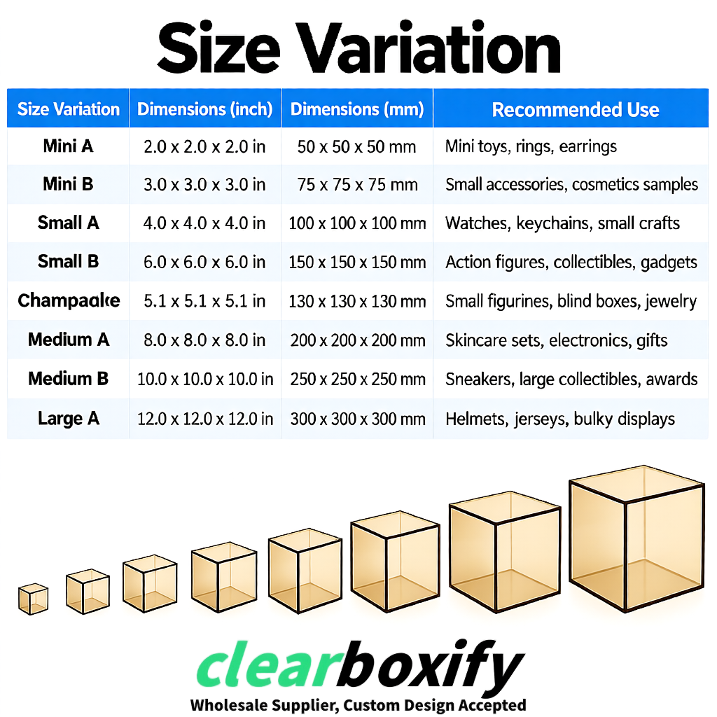 Champagne Clear Acrylic Square Boxes With Lid 5x5x5 inch Anti Dust Durable Storage Box