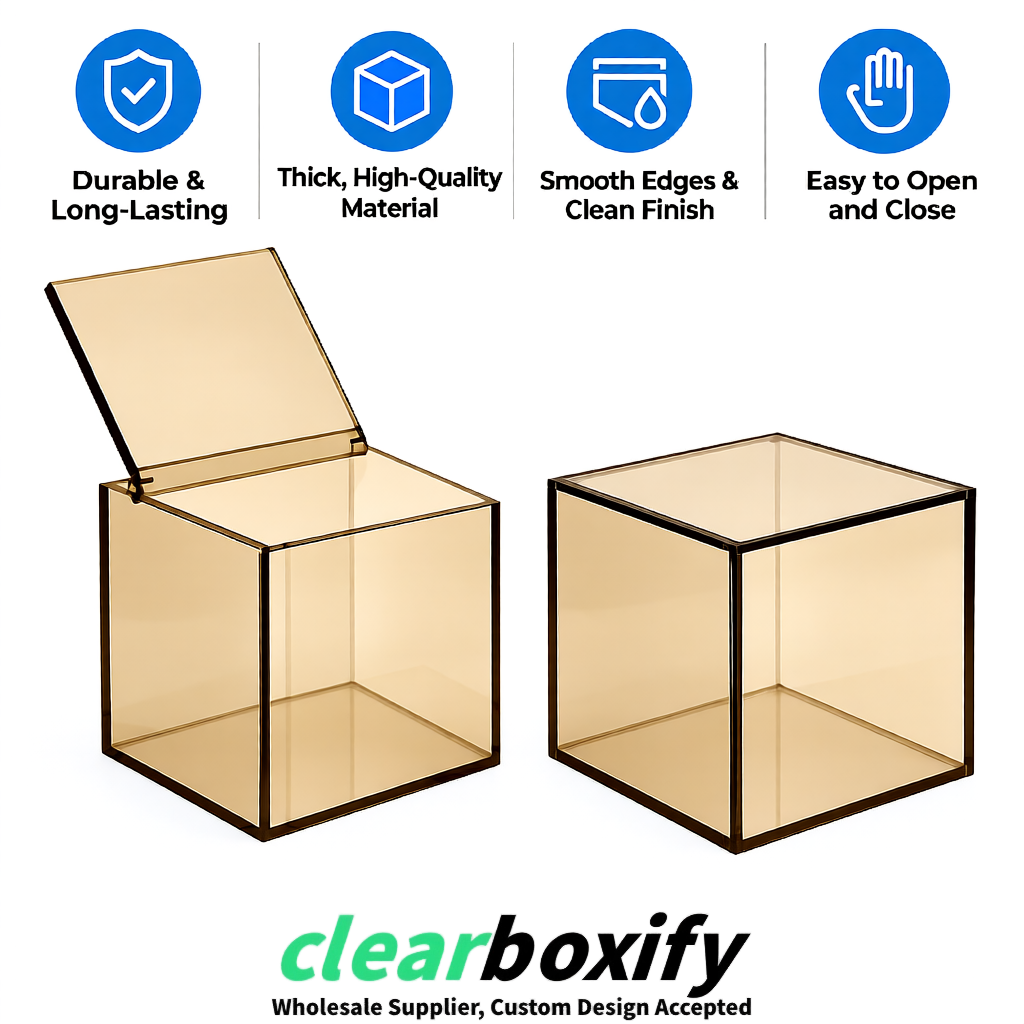Champagne Clear Acrylic Square Boxes With Lid 5x5x5 inch Anti Dust Durable Storage Box